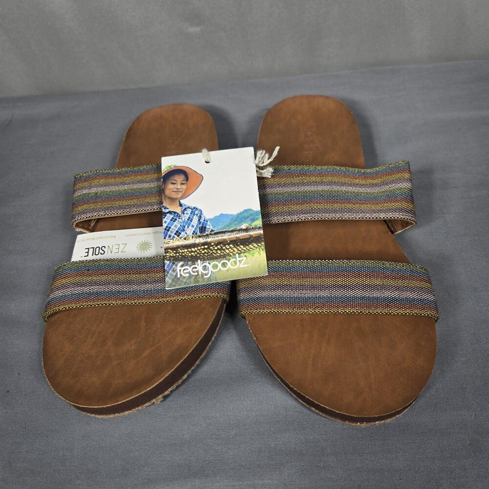 Feelgoodz Shoes Womens 8 NEW Brown Jungle Zensole Vistas Vegan Slide Sandals
